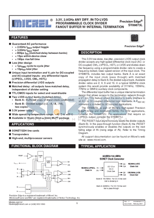 SY89873LMI datasheet - 3.3V, 2.0GHz ANY DIFF. IN-TO-LVDS PROGRAMMABLE CLOCK DIVIDER FANOUT BUFFER W/ INTERNAL TERMINATION