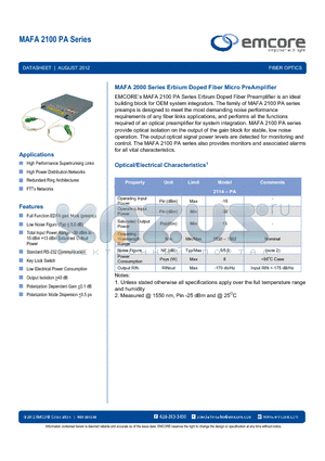 MAFA2014-SC-PA datasheet - Erbium Doped Fiber Micro PreAmplifier