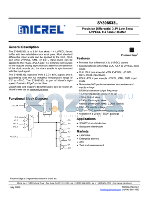 SY898533LKZ datasheet - Precision Differential 3.3V Low Skew LVPECL 1:4 Fanout Buffer