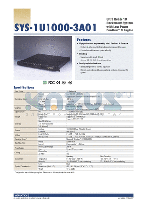 SYS-1U1000-3A01 datasheet - Ultra Dense 1U Rackmount System with Low Power Pentium^ M Engine