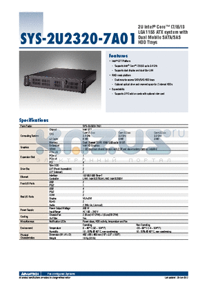 SYS-2U2320-7A01 datasheet - 2U Intel^ Core i7/i5/i3 LGA1155 ATX system with Dual Mobile SATA/SAS HDD Trays