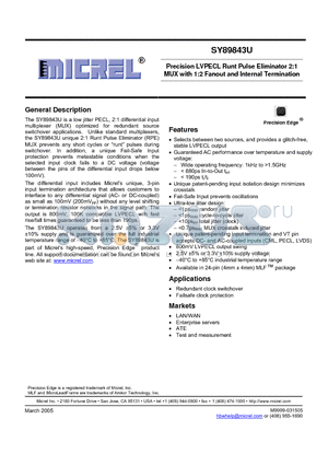 SY89843U datasheet - Precision LVPECL Runt Pulse Eliminator 2:1 MUX with 1:2 Fanout and Internal Termination