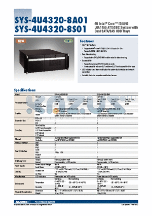 SYS-4U4320-8S01 datasheet - 4U Intel^ Core i7/i5/i3 LGA1155 ATX/SBC System with Dual SATA/SAS HDD Trays