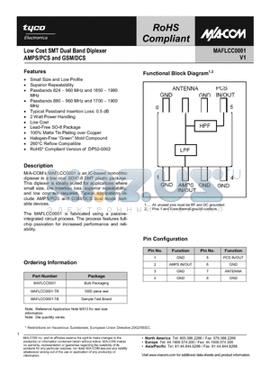 MAFLCC0001-TR datasheet - Low Cost SMT Dual Band Diplexer AMPS/PCS and GSM/DCS