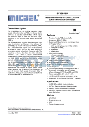 SY89858U datasheet - PRECISION LOW POWER 1:8 LVPECL FANOUT BUFFER WITH INTERNAL TERMINATION