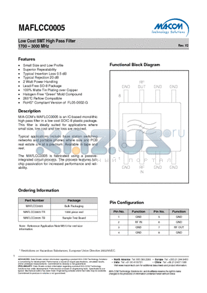 MAFLCC0005 datasheet - Low Cost SMT High Pass Filter 1700 - 3000 MHz