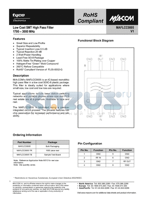 MAFLCC0005-TR datasheet - Low Cost SMT High Pass Filter 1700 - 3000 MHz