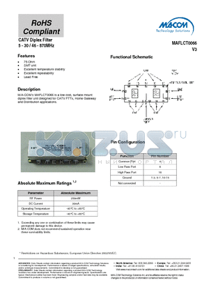 MAFLCT0066 datasheet - CATV Diplex Filter 5 - 30 / 46 - 870MHz