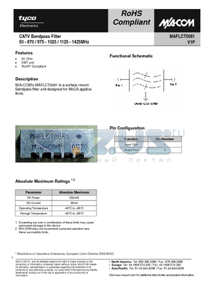 MAFLCT0081 datasheet - CATV Bandpass Filter 50 - 870 / 975 - 1025 / 1125 - 1425MHz