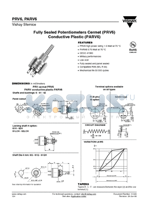 PARV6 datasheet - Fully Sealed Potentiometers Cermet (PRV6) Conductive Plastic (PARV6)