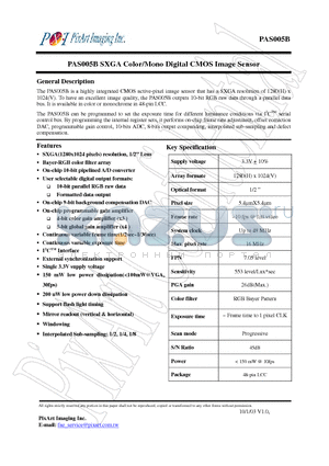 PAS005B datasheet - SXGA Color/Mono Digital CMOS Image Sensor