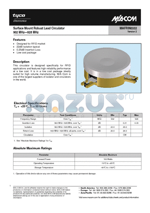 MAFRIN0332 datasheet - Surface Mount Robust Lead Circulator 902 MHz-928 MHz