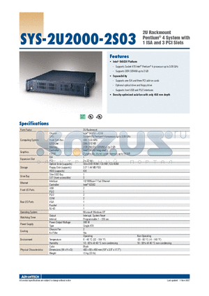 SYS-2U2000-2S03 datasheet - 2U Rackmount Pentium^ 4 System with 1 ISA and 3 PCI Slots
