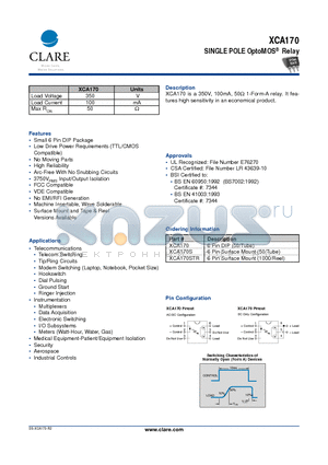 XCA170 datasheet - SINGLE POLE OptoMOS Relay