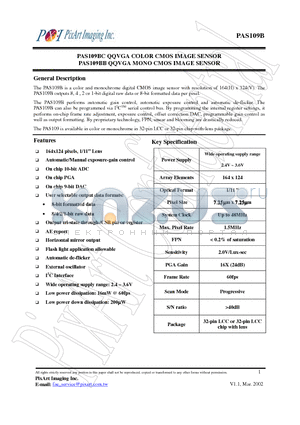 PAS109BCB-32 datasheet - PAS109BC QQVGA COLOR CMOS IMAGE SENSOR PAS109BB QQVGA MONO CMOS IMAGE SENSOR