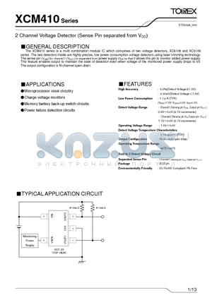 XCM410 datasheet - 2 Channel Voltage Detector (Sense Pin separated from VDD)