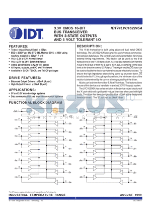 IDT74LVC162245APA datasheet - 3.3V CMOS 16-BIT BUS TRANSCEIVER WITH 3-STATE OUTPUTS AND 5 VOLT TOLERANT I/O