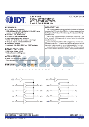 IDT74LVC244ASO datasheet - 3.3V CMOS OCTAL BUFFER/DRIVER WITH 3-STATE OUTPUTS, 5 VOLT TOLERANT I/O