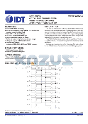 IDT74LVC245A datasheet - 3.3V CMOS OCTAL BUS TRANSCEIVER WITH 3-STATE OUTPUTS AND 5 VOLT TOLERANT I/O