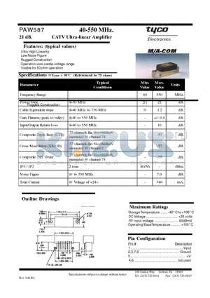 PAW587 datasheet - 40-550 MHz. 21 dB. CATV Ultra-linear Amplifier
