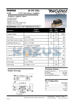PAW588 datasheet - 40-550 MHz. 34 dB. CATV Ultra-linear Amplifier