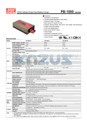 PB-1000-12 datasheet - 1000W Intelligent Single Output Battery Charger