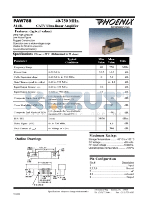 PAW788 datasheet - 40-750 MHz. 34 dB. CATV Ultra-linear Amplifier