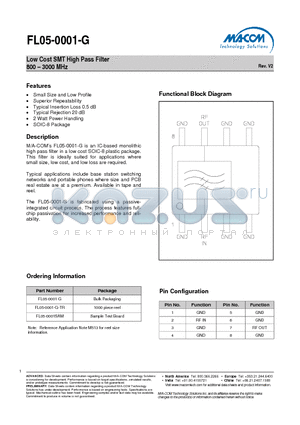 FL05-0001-G datasheet - Low Cost SMT High Pass Filter 800 - 3000 MHz