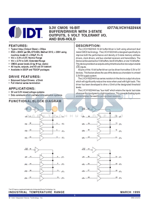 IDT74LVCH162244APAG datasheet - 3.3V CMOS 16-BIT BUFFER/DRIVER WITH 3-STATE OUTPUTS, 5 VOLT TOLERANT I/O, AND BUS-HOLD