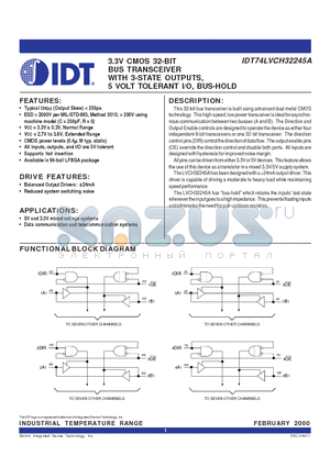 IDT74LVCH32245ABF datasheet - 3.3V CMOS 32-BIT BUS TRANSCEIVER WITH 3-STATE OUTPUTS, 5 VOLT TOLERANT I/O, BUS-HOLD