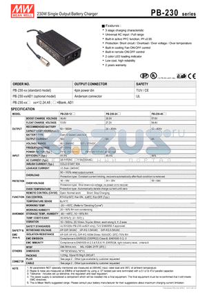 PB-230-12 datasheet - 230W Single Output Battery Charger