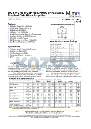 PB-CGB7007-SC-0000 datasheet - DC-6.0 GHz InGaP HBT, MMIC or Packaged, Matched Gain Block Amplifier