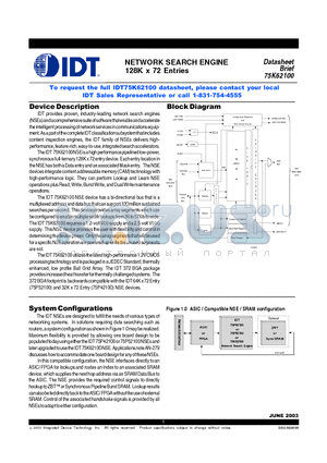 IDT75K62100 datasheet - NETWORK SEARCH ENGINE 128K x 72 Entries