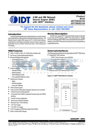 IDT75K62134 datasheet - 4.5M and 9M Network Search Engine (NSE) with QDR Interface