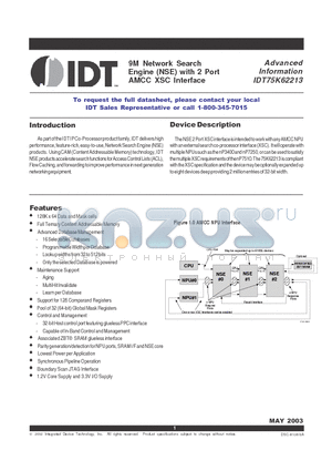 IDT75K62213 datasheet - 9M Network Search Engine (NSE) with 2 Port AMCC XSC Interface