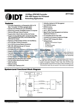 IDT77252 datasheet - 155 Mbps ATM SAR Controller With ABR Support for PCI-based Networking Applications