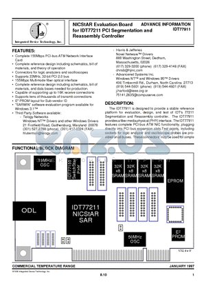 IDT77911 datasheet - NICStAR Evaluation Board for IDT77211 PCI Segmentation and Reassembly Controller