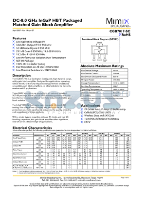 PB-CGB7017-SC-0000 datasheet - DC-8.0 GHz InGaP HBT Packaged Matched Gain Block Amplifier