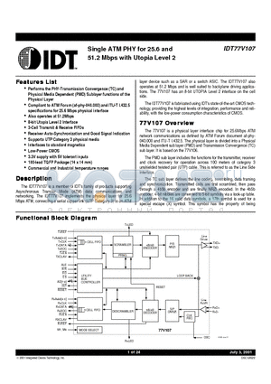 IDT77V107 datasheet - Single ATM PHY for 25.6 and 51.2 Mbps with Utopia Level 2