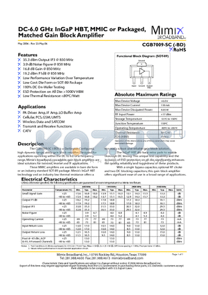 PB-CGB7009-SC-0000 datasheet - DC-6.0 GHz InGaP HBT, MMIC or Packaged, Matched Gain Block Amplifier