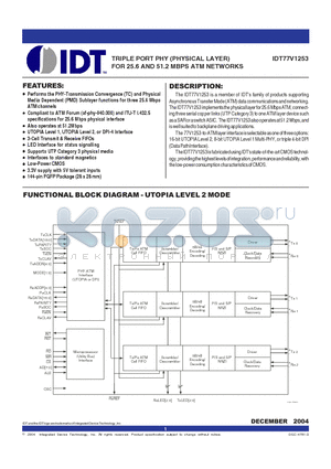 IDT77V1253 datasheet - TRIPLE PORT PHY (PHYSICAL LAYER) FOR 25.6 AND 51.2 MBPS ATM NETWORKS