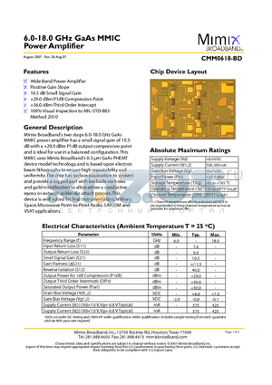 PB-CMM0618-BD-0000 datasheet - 6.0-18.0 GHz GaAs MMIC Power Amplifier