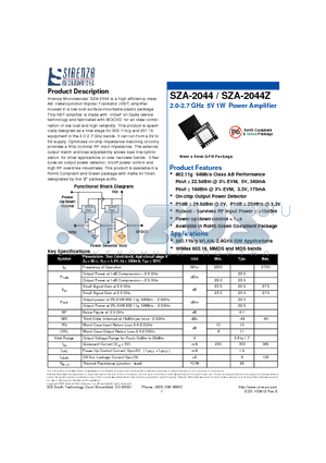 SZA-2044 datasheet - 2.0-2.7 GHz 5V 1W Power Amplifier