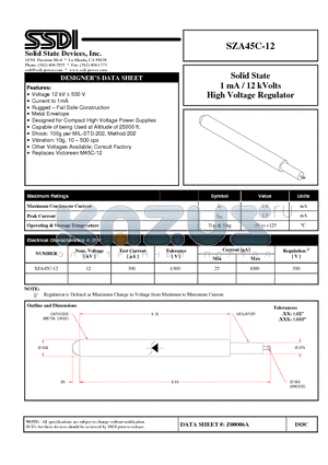 SZA45C-12 datasheet - Solid State 1 mA / 12 kVolts High Voltage Regulator