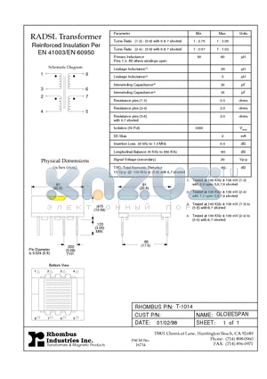 T-1014 datasheet - RADSL Transformer