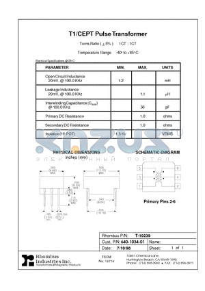 T-10239 datasheet - T1/CEPT Pulse Transformer
