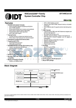 IDT79RC32134 datasheet - RISCore32300TM Family System Controller Chip