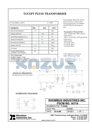 T-10326 datasheet - T1/CEPT PULSE TRANSFORMER