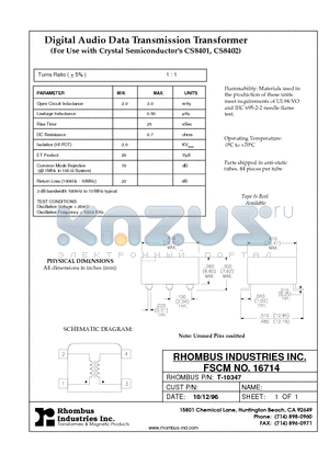 T-10347 datasheet - Digital Audio Data Transmission Transformer