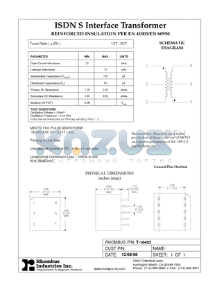 T-10452 datasheet - ISDN S Interface Transformer